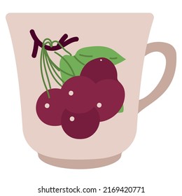 Tea cup with cherry berries pattern vector cartoon illustration isolated on a white background.