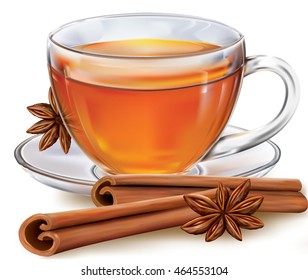 Tea cup with cinnamon and anise on white background. Vector illustration