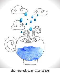 tea cup with clouds and rain, cute VECTOR illustration