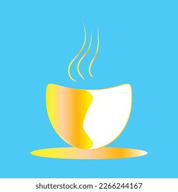 Té taza o taza de café con relación dorada, aislado en un fondo azul, buena mañana banner diseño elemento café o té taza vectorial ilustración