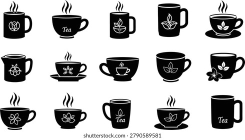 Tea cup coffee mug silhouette collection with floral patterns steam elements
