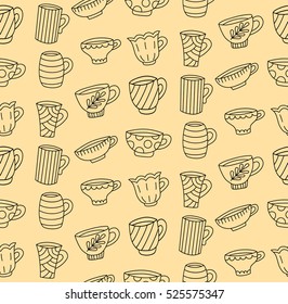 Tea cup coffee cup mugs doodles vector pattern