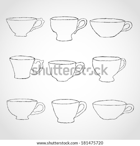 Tea cup, coffee cup, set simple sketch icon black line Isolated on White Background