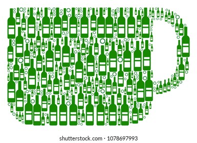 Tea Cup collage of wine bottles and circle particles in various sizes and green colors. Vector objects are combined into tea cup composition. Alcohol vector illustration.