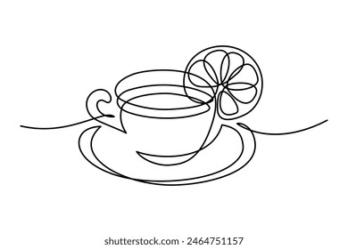 Tea cup in continuous line art drawing style. Tea drink with lemon slice. Black linear design isolated on white background. Vector illustration