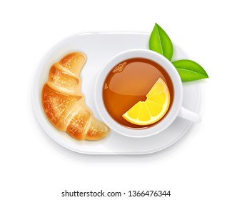 Tea cup and croissant on plate. Traditional hot drink for breakfast. Tea time. Herbal tonic beverage. Isolated white background. Eps10 vector illustration.