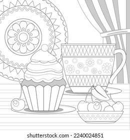 Tea cup, cupcake, cherries, ornament plate for coloring book page. Vector illusrtation