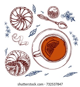 tea Cup , cupcake , sketch ,sketch , top , white background, isolated