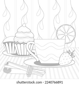 Tea cup, cupcakes, strawberry, cinnamon sticks, lemon for coloring book page. Vector illusrtation