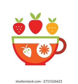uma xícara de chá decorada com uma mistura de ícones de frutas