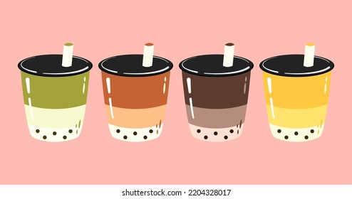 Tea cup design collection. Soft drinks with doodle style banner, Milk tea ads with delicious tapioca and pearl, Tea menu graphic template. Set of plastic glasses with Taiwanese bubble or boba milk tea