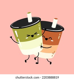 Tea cup design collection, Yummy drinks, soft drinks with doodle style banner, Milk tea ads with delicious tapioca and pearl. Milk tea character.