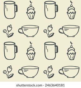 
Tea Cup, dessert seamless pattern. Doodle outline icons hand drawn decorative brush stroke line, black sketch contour. Cute various isolated element. White yellow background. Vector illustration