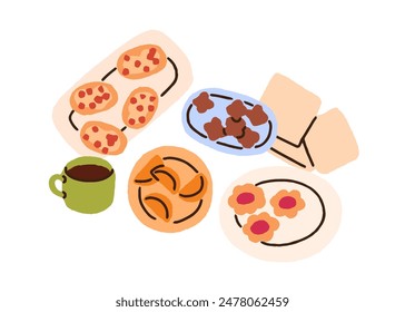 Taza de té, postres. Refrigerios dulces, galletas, galletas caseras, delicias deliciosas, panadería, pasteles de azúcar. Taza de café y composición de alimentos de confort. Ilustración vectorial plana aislada sobre fondo blanco