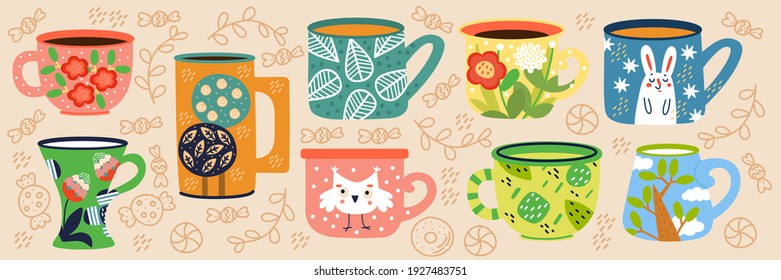 Tea cup doodle vector set. Cute colorful ceramic mugs with tea, coffee, milk. Various recipies of drink in cups with different patterns. Tea party. Flat illustration