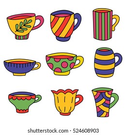 Tea cup doodles simple hand drawn vector set colorful cute