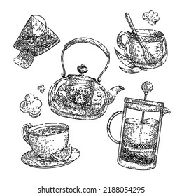 bebida de taza de té set vector dibujado a mano. hoja verde caliente, planta de hierbas, hierba de salud, bebida de vidrio orgánica té taza de bebida bocadillo. ilustración negra aislada