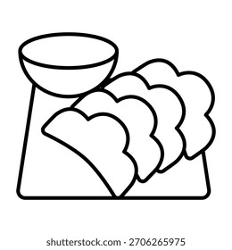Taza de té y albóndigas a bordo icono de línea delgada, concepto de comida japonesa. Gráficos de Vector. Placa de cerámica con pastel, muestra de comida rápida sobre fondo blanco, icono de estilo de contorno para móvil o Diseño web