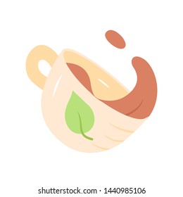 Tea cup flat design long shadow color icon. Hot steaming mug with splash. Leaf emblem on cup. Aromatic beverage. Refreshment drink. Vector silhouette illustration