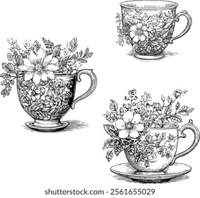 Tea cup floral alice in wonderland linocut black and white