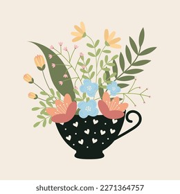 Tea Cup with floral bouquet. Vector design elements.