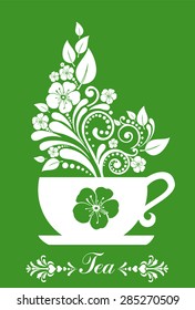 Tea. Cup with floral design elements. Menu for restaurant, cafe, bar, tea-house. vector illustration