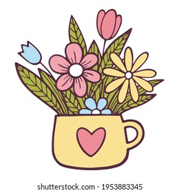 Tea cup with flower bouquet icon. Hand drawn and outline illustration of Tea cup with flower bouquet vector icon for web design
