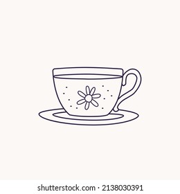 Icono de estilo de copa de té y línea de flores.