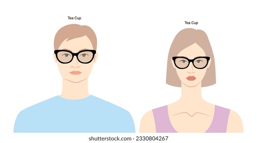 Gafas de marco de la Tea Cup sobre mujeres y hombres de carácter plano ilustración de accesorios de moda. Vista frontal de vidrio solar estilo de silueta unisex, anteojos de espectáculos, contorno de estilo de esbozo de lente aislado en blanco