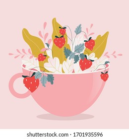 Tea cup full of flowers and berries. Trendy hand-drawn vector illustration of a pick cup filled with flowers and wild strawberries. Romantic spring isolated design  for greeting card, web banner, post