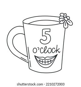 Tea cup,  green or black traditional beverage. 5 o'clock. Mug of invigorating morning hot drink. Doodle hand-drawn sketch style. Editable stroke. Isolated. Vector illustration.