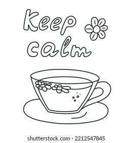 Tea Cup,  Green Or Black Traditional Beverage. Mug Of Invigorating Morning Hot Drink. Doodle Hand-drawn Sketch Style. Keep Calm. Editable Stroke. Isolated. Vector Illustration.