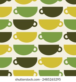 Tea cup green geometric seamless pattern, cute flat minimalistic design, banner, wrapping paper, wallpaper, fabric, background