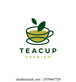 tea cup green leaf logo vector icon illustration