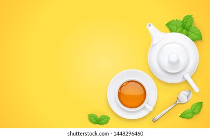 Tea Cup And Green Spearmint Leaf On Plate. Traditional Hot Drink For Breakfast With Mint. Tea Time. Herbal Tonic Beverage. Yellow Background. Eps10 Vector Illustration.