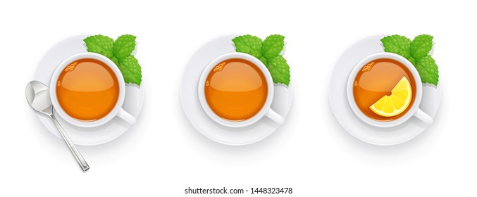 Tea Cup And Green Spearmint Leaf On Plate. Traditional Hot Drink For Breakfast With Mint And Lemon. Tea Time. Herbal Tonic Beverage. Isolated White Background. Eps10 Vector Illustration.