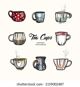 Tea cup hand drawn vector illustration set old style. Vector line illustration of isolated mug for cafe menu, logo, banner, flayer in retro hand drawn style. Tea cup logo for coffee shop, restaurant.