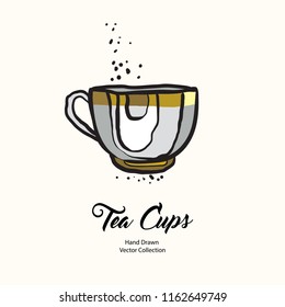 Tea cup hand drawn vector illustration old style. Vector line illustration white gold isolated mug for cafe menu, logo, banner, flayer retro hand drawn style. Tea cup logo for coffee shop, restaurant.