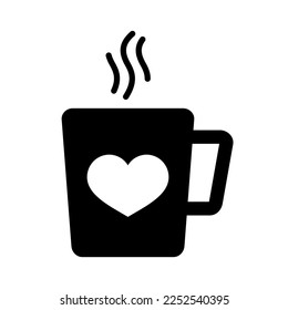 Tea cup with heart and steam glyph icon. Valentines day symbol. Vector illustration, romance elements. Sticker, patch, badge, card for marriage, wedding