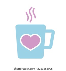 Tea cup with heart and steam glyph icon. Valentines day symbol. Vector illustration, romance elements. Sticker, patch, badge, card for marriage, wedding