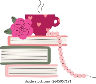 A tea cup with hearts sits on stacked books, accompanied by a flower and beads in a flat style. Books are topped with a steaming cup and decorative elements. Cartoon vector illustration.