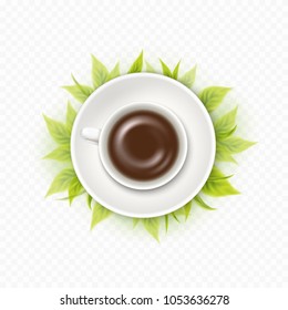 Tea cup with herbal leaves isolated on transparent background. Realistic 3d chocolate mug and mint top view. Vector coffee drink mock up for your beverage advertising design.