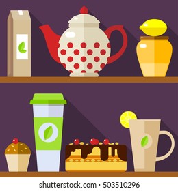 Tea, cup, honey, muffin and cake. Vector illustration flat.