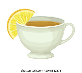 Tea Cup with Hot Aromatic Beverage Poured with Boiling Water for Brewing and Lemon Slice Closeup Vector Illustration