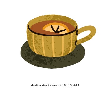 Tea cup with hot autumn beverage and lemon slice. Aromatic soothing warm drink with citrus flavor. Seasonal healthy teacup on saucer. Flat graphic vector illustration isolated on white background