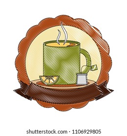tea cup hot with lemon leaves bag on dish