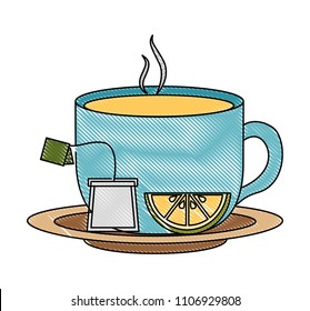 tea cup hot with lemon leaves bag on dish