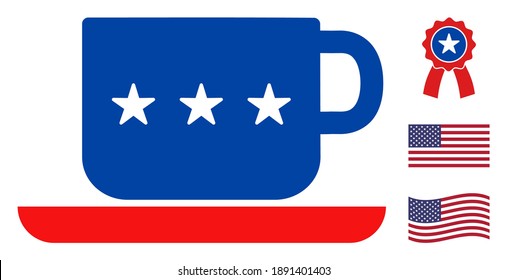 Tea cup icon in blue and red colors with stars. Tea cup illustration style uses American official colors of Democratic and Republican political parties, and star shapes. Simple tea cup vector sign,