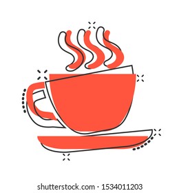 Tea cup icon in comic style. Mug vector cartoon illustration pictogram. Drink business concept splash effect.