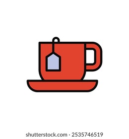 Tea cup icon. Doodle illustration - vivid colour cup with teabag. cold season, hot drinks concept